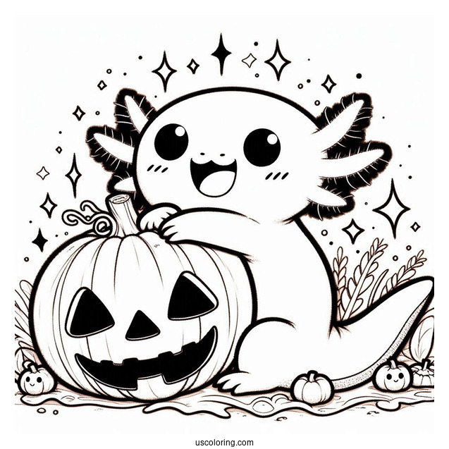 Kawaii Axolotl Coloring Page Hugging A Jack O Lantern