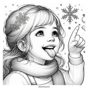 Realistic Little Girl Sticking Tongue Out To Catch Snowflake Coloring Page
