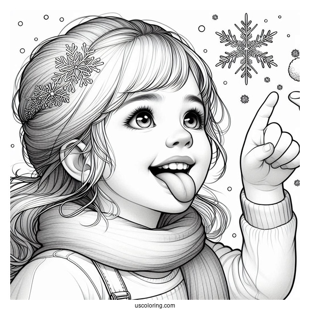 Realistic Little Girl Sticking Tongue Out To Catch Snowflake Coloring Page