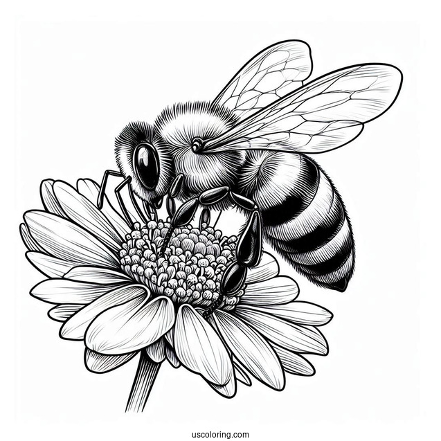 Realistic Bee Coloring Page Sucking Flower Nectar
