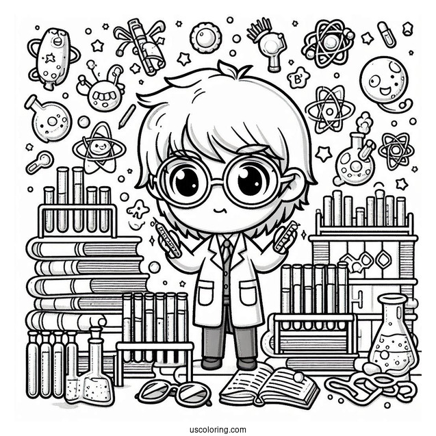 Science Coloring Page Of Chibi Scientist Surrounded By Books And Test Tubes
