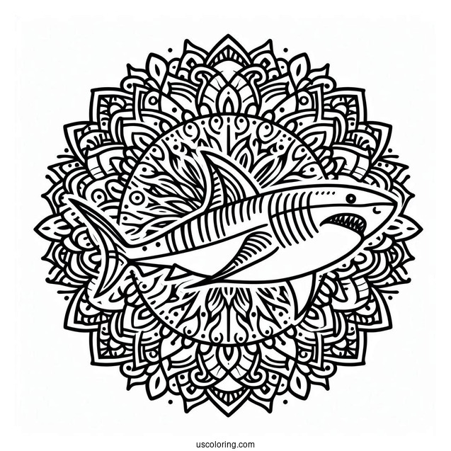 Mandala With Shark Coloring Page Outline