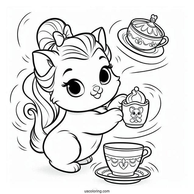 Palace Pets Coloring Page Of Teacup Performing Tricks For Belle And The Villagers