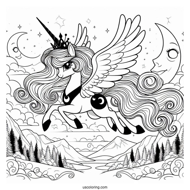 Princess Luna Coloring Page Flying At Night For Kids