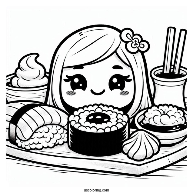 Sushi Coloring Pages Smiling Nigiri With Soy Sauce And Wasabi On A Board For Kids
