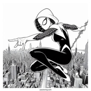 Realistic Spider-Gwen Coloring Page Swinging Across The City