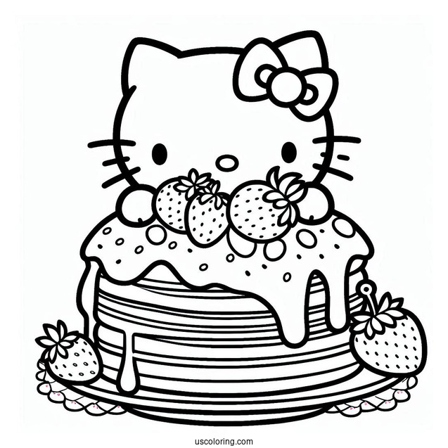 Hello Kitty Holding Massive Pancake Coloring Page With Strawberry Toppings