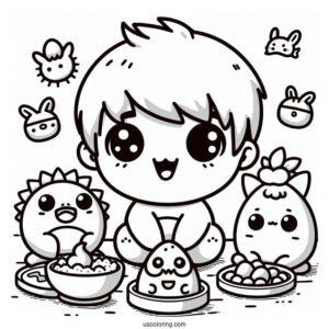 Tamagotchi Coloring Page Of Kuchipatchi, Mametchi, Lovelin, Chamametchi, And Friends Eating For Kids