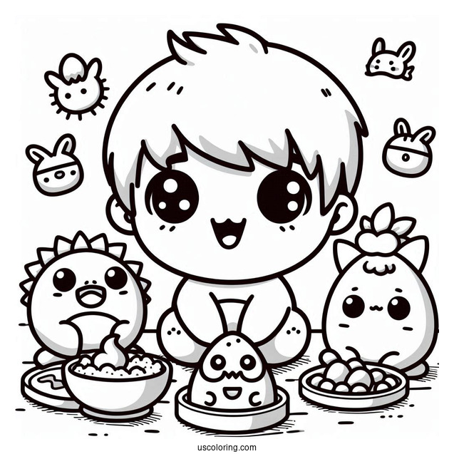 Tamagotchi Coloring Page Of Kuchipatchi, Mametchi, Lovelin, Chamametchi, And Friends Eating For Kids