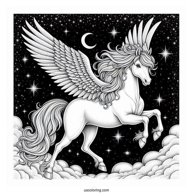 Realistic Pegasus Coloring Page With Starry Night Sky