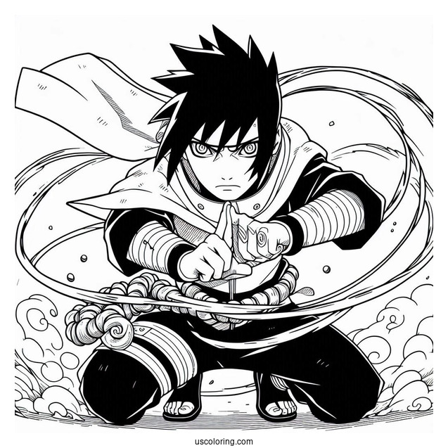 Sasuke Coloring Page Performing Ninjutsu With Curse Mark