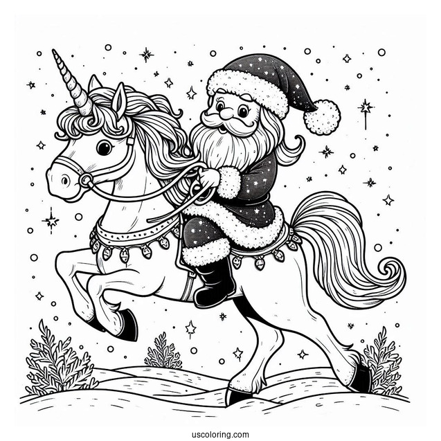 Santa Claus Riding a Unicorn Coloring Page