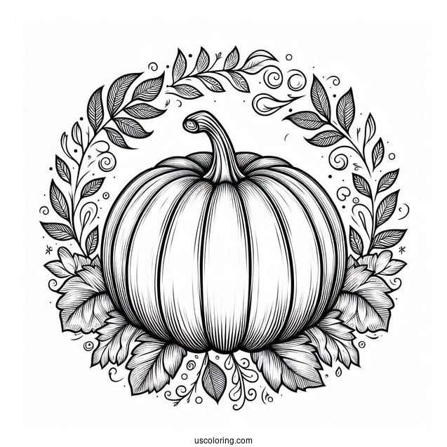 Round Pumpkin Coloring Page Surrounded By Leaves And Vines