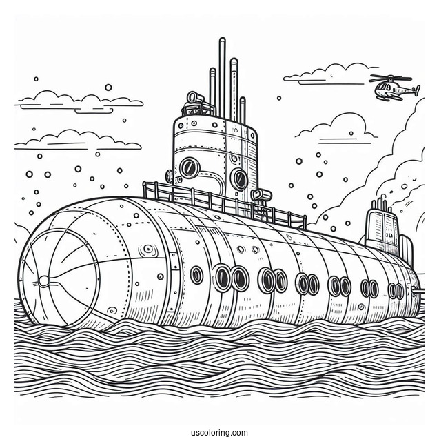 Giant Submarine Coloring Page Near The Surface Of The Water