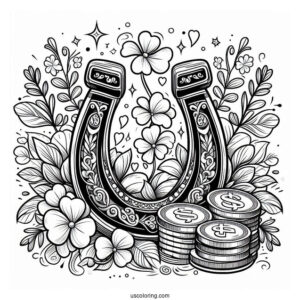 Lucky Horseshoe With Shamrocks And Coins To Color