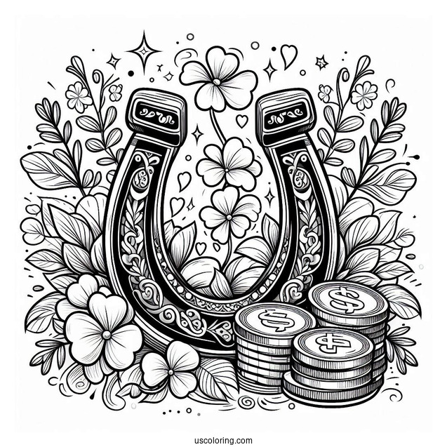 Lucky Horseshoe With Shamrocks And Coins To Color