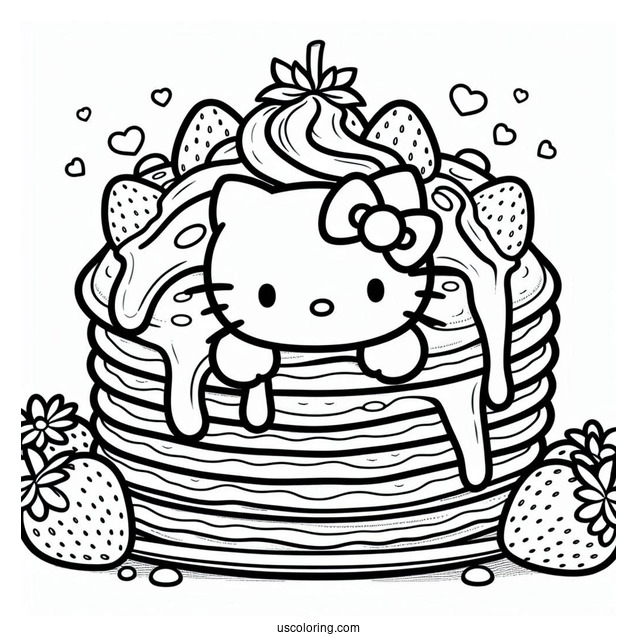 Hello Kitty Holding Massive Pancake Coloring Page With Strawberry Toppings