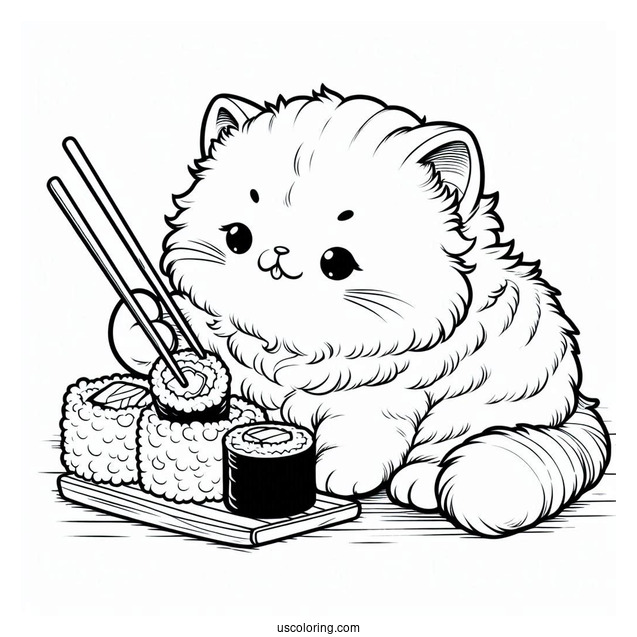 Fluffy Cat Eating Sushi Coloring Pages With Chopsticks For Kids
