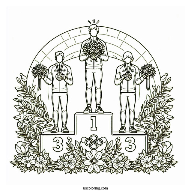Olympics Coloring Page Of Athletes On Tri Level Podium With Medals And Flowers