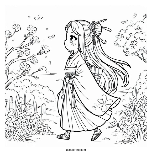 Nezuko Coloring Page Walking In Garden With Cherry Blossoms