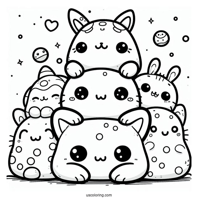 Kawaii Smiling Critters Coloring Page On Top Of Each Other