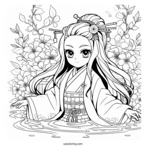 Tanjiro Coloring Page With Nezuko Kamado Surrounded By Water And Cherry Blossoms