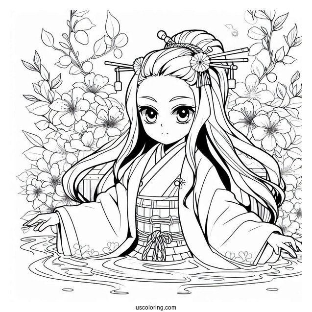 Tanjiro Coloring Page With Nezuko Kamado Surrounded By Water And Cherry Blossoms