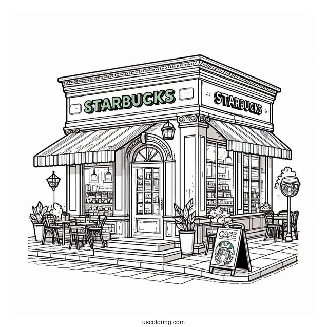Detailed Starbucks Coloring Page Cafe Exterior