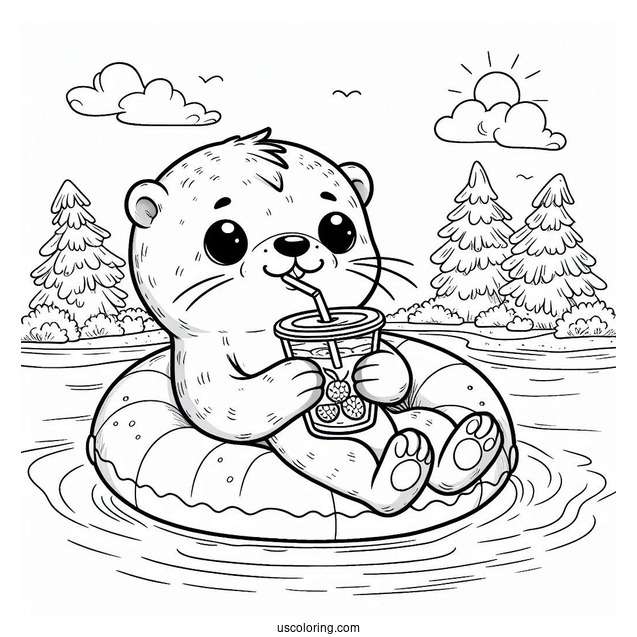 Cute Otter Coloring Page In Floater Drinking Iced Tea At Beach