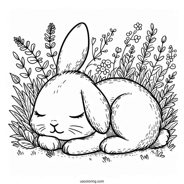 Adorable Rabbit Sleeping In Grass Patch