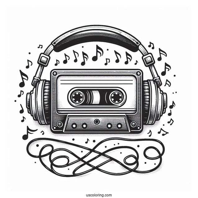 Music Coloring Page Of Retro Cassette Tape With Headphones