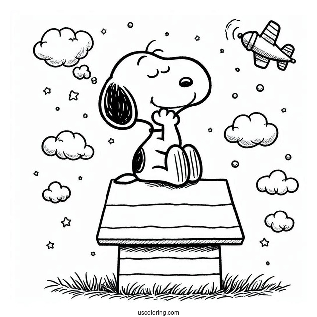 Snoopy Sitting On Dog House Imagining He Is Flying