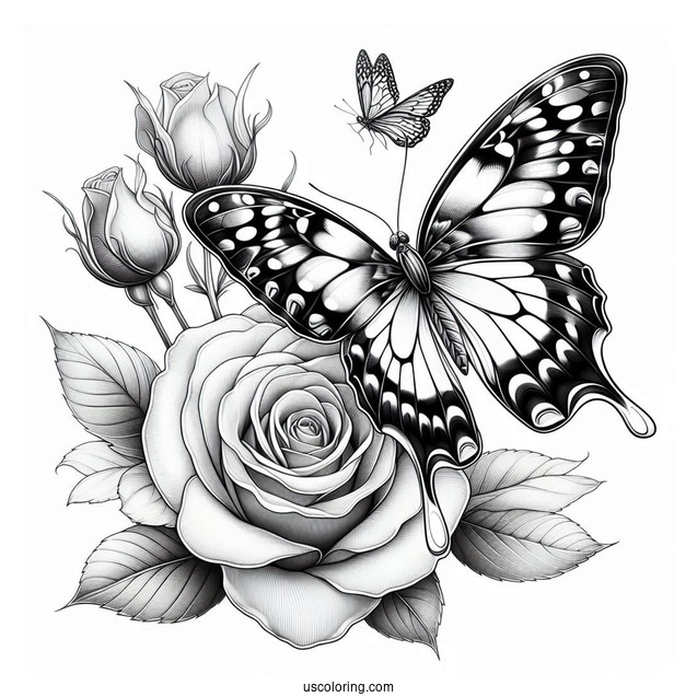 Realistic Butterfly Coloring Page On A Large Rose