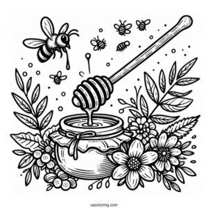 Honey Dipper Dripping With Honey And Surrounded By Bee Coloring Page