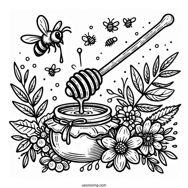 Honey Dipper Dripping With Honey And Surrounded By Bee Coloring Page