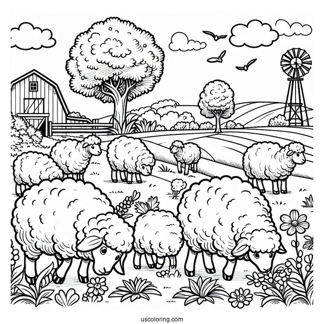 Sheep Grazing On A Farm Coloring Page