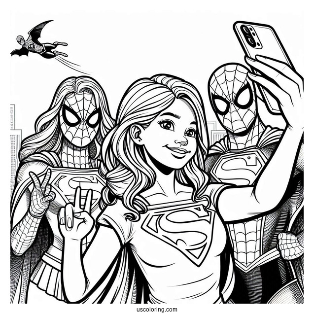Spiderman, Superman, And Supergirl Coloring Page Taking A Selfie