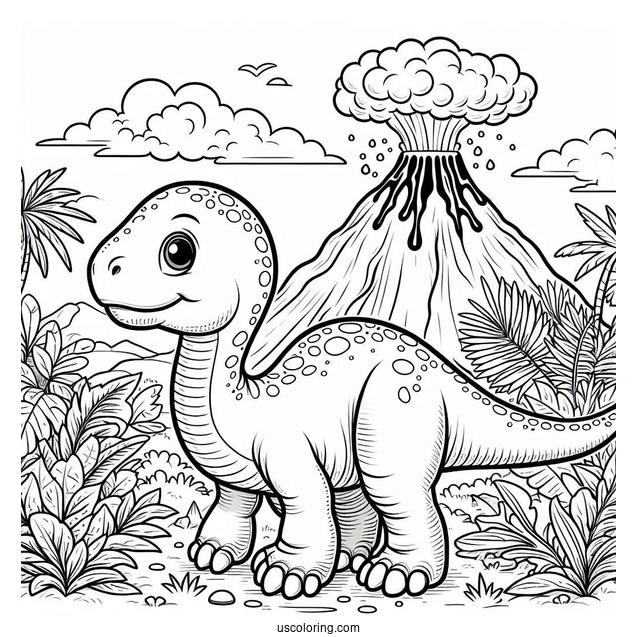 Little Apatosaurus With Volcano In The Background