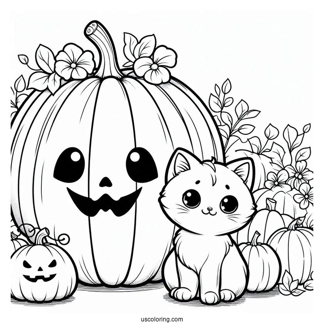 Pumpkin Coloring Page Of Cartoon Cats Beside A Large Jack O Lantern