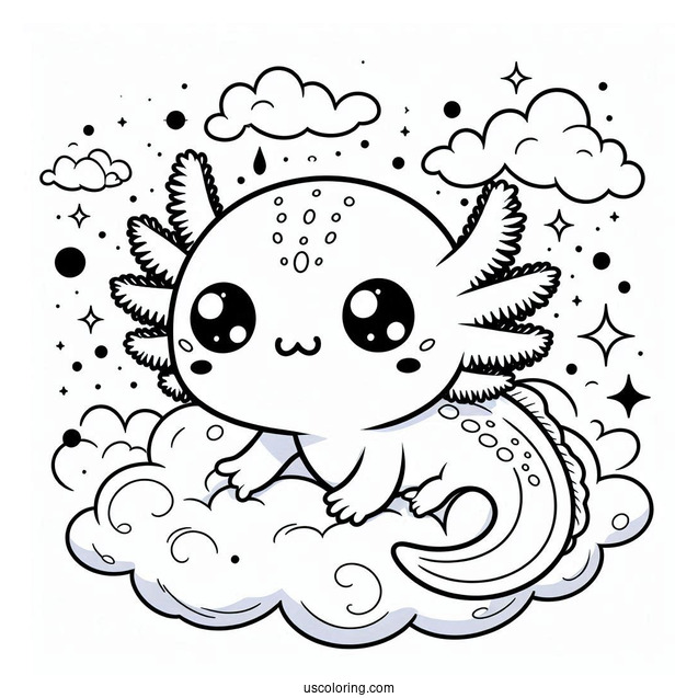 Kawaii Baby Axolotl Coloring Page In The Clouds For Kids