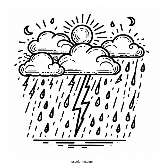 Rain Coloring Page Of Rainclouds With Lightning