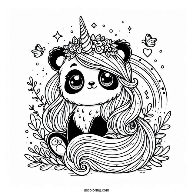 Magical Panda Coloring Page Unicorn with Fluffy Mane