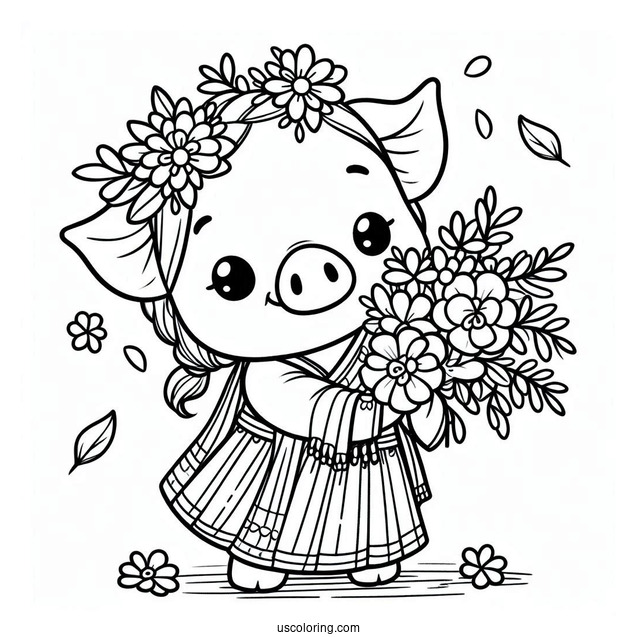 Easy Piglet Coloring Page Holding Flowers For Kids