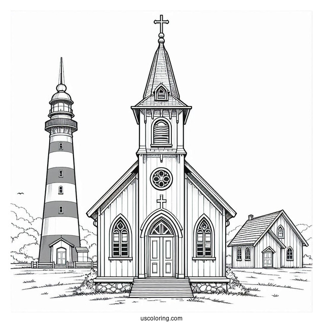 Angled View Of A Small Church Coloring Page Building