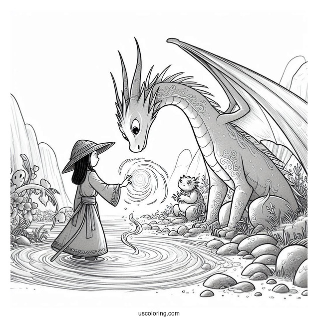 Raya And The Last Dragon Coloring Page Of Pengu Showing Water Magic To Sisu