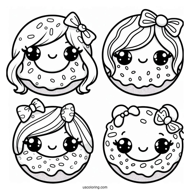 Three Kawaii Mini Donut Coloring Page For Kids