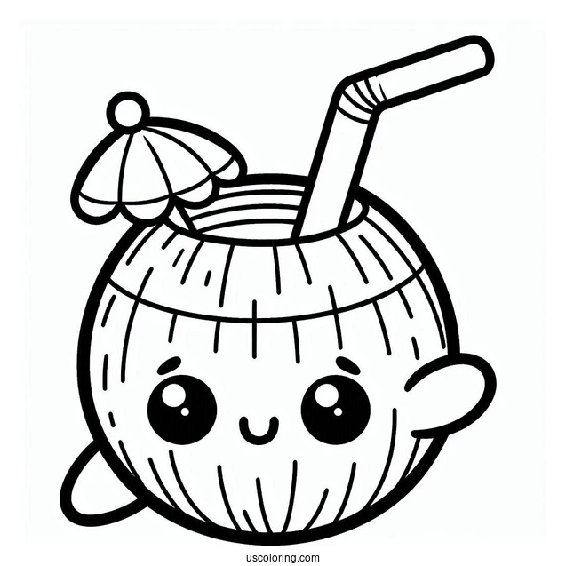 Cartoon Coconut Coloring Page Drink With Straw For Preschoolers