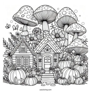 Tiny Houses And Pumpkins Growing On Top Of A Mushroom Coloring Page