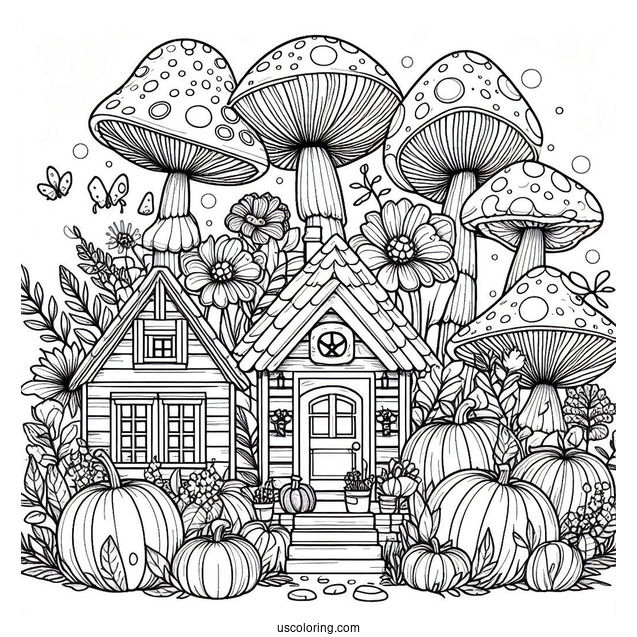 Tiny Houses And Pumpkins Growing On Top Of A Mushroom Coloring Page