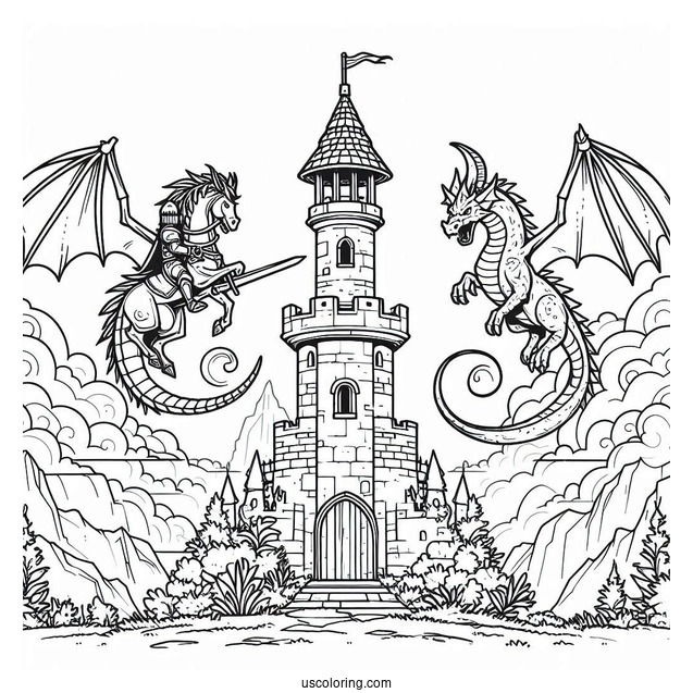 Coloring Page Of Knight With Dragon On Tower